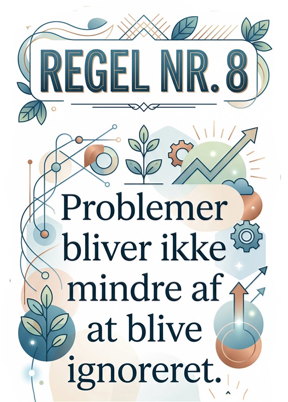 Regel Nr. 8: Ignorer Problemerne Ikke! - Denne inspirerende plakat minder os om, at problemer kun vokser ved ignorering. Et perfekt kunstværk til dit hjemmekontor eller studie, der opmuntrer til håndtering og løsning af hverdagens udfordringer.