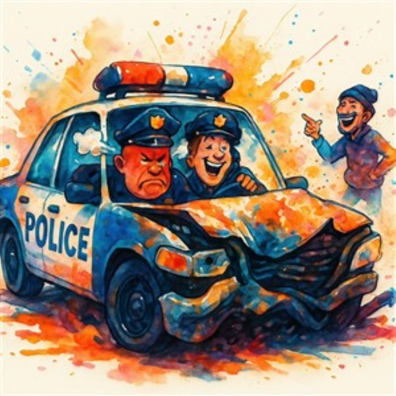 Skøn humor: Komiske betjente i aktion - Oplev den livlige og humoristiske stemning i denne farverige illustration af to betjente i en skadet politibil. Den glade betjent deler et grin, mens den sure kollega fylder bilen med komisk tragedie. En perfekt tilføjelse til ethvert rum for at bringe lidt sjov!