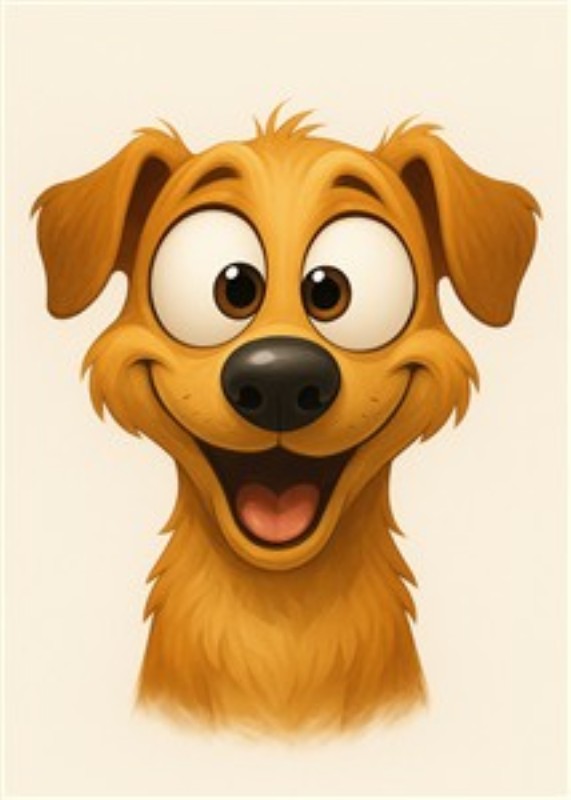 Glad hund med smilende ansigt - Mød denne charmerende hundetegning med et stort smil og glade, udtryksfulde øjne. Perfekt til at bringe glæde og liv til ethvert rum, vil den tilføje et strejf af varme og sjov til din indretning.