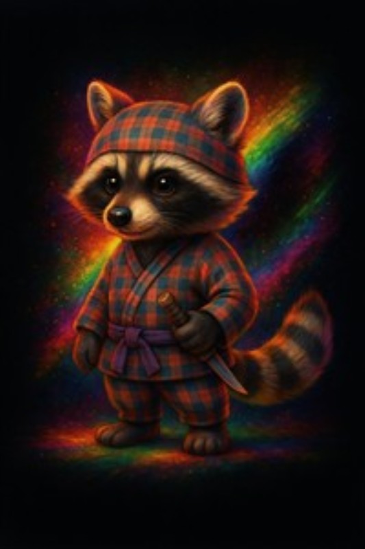Racoon Ninja i Stjernerne - Oplev det legende univers med denne farverige vaskebjørn i kimono, der står stolt under en funklende stjernehimmel. Dette kunstværk tilføjer en sjov og fantasifuld atmosfære til ethvert rum.