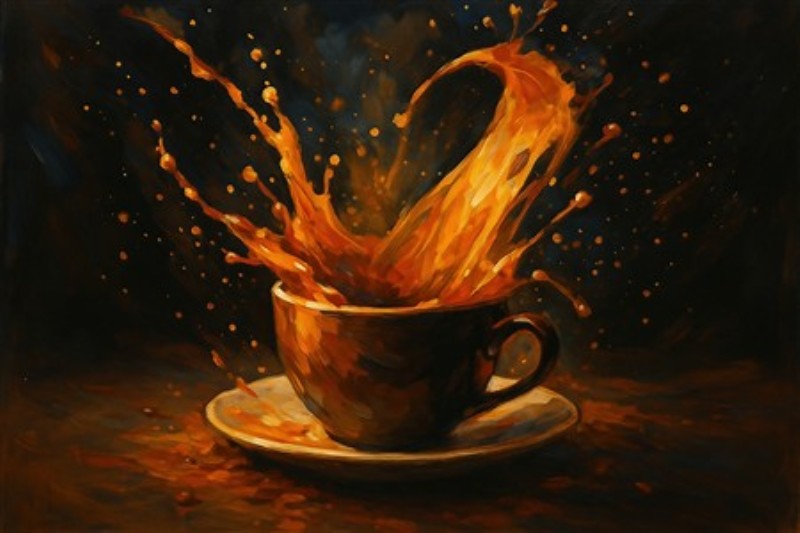 Kaffeekstase i Mørket - Oplev den dramatiske skønhed af et kaffekop, der sprøjter kaffe i en levende danse af orange og brune nuancer. Dette maleri tilføjer en energisk atmosfære til ethvert rum og vækker dit kaffehjerte til live.