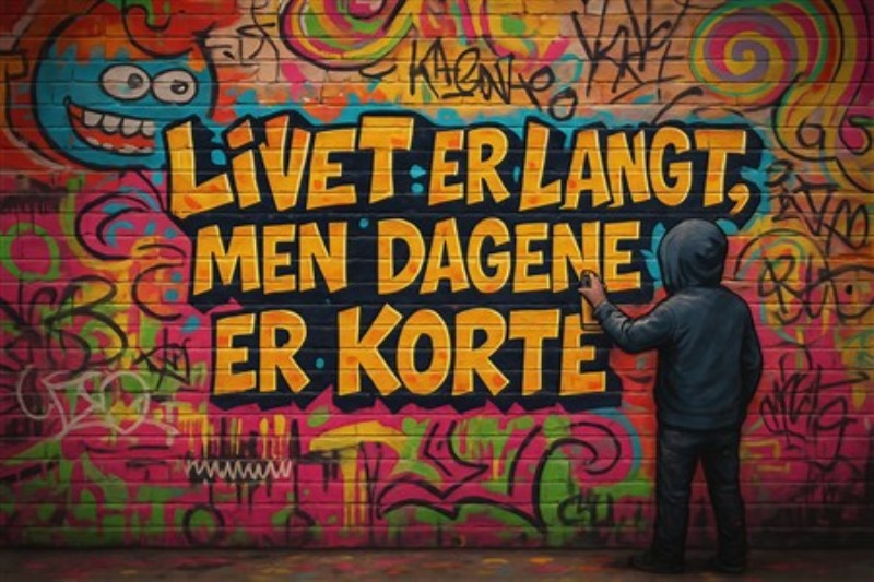 Farverig Vægkunst med Livets Budskab - Oplev livets flygtighed med denne livlige vægkunst. Den farverige graffiti med den tankevækkende tekst minder os om at værdsætte hver dag og indfanger en unik urban stemning.