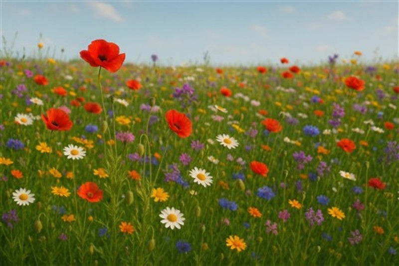 Solbeskinnede Blomsterdrømme - Træd ind i en verden af farver med denne smukke blomstereng, hvor valmuer og margueritter danser i den varme sol. Perfekt til at bringe liv og glæde ind i dit hjem.