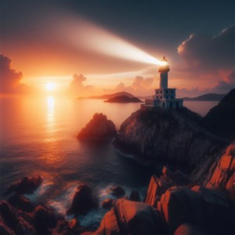 Lyset fra fyrtårnet ved solnedgang - Oplev magien ved solnedgang med dette betagende motiv af et fyrtårn, der lyser op over det fortryllende hav. Omgivet af klipper fanger dette billede essensen af ro og skønhed, perfekt til at skabe en beroligende atmosfære i dit hjem.