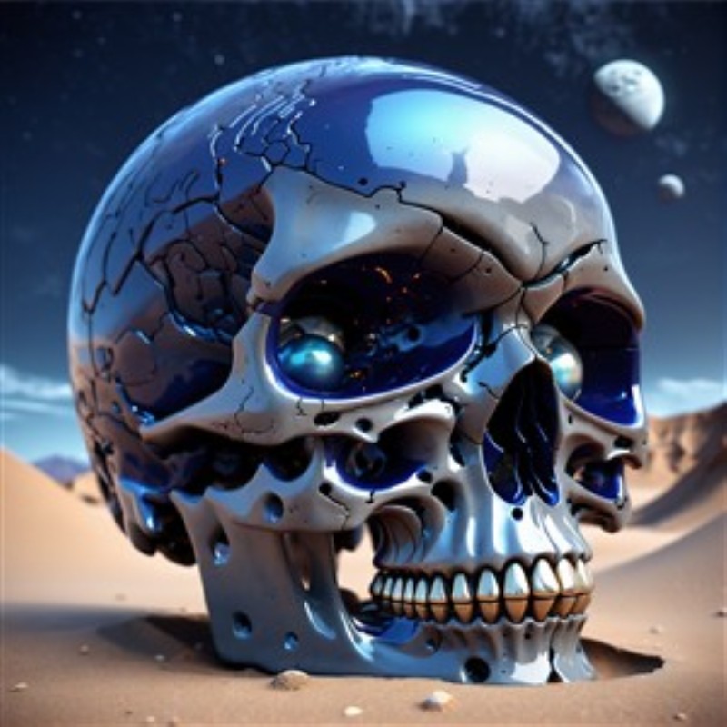 Futuristisk Kranium i Ørkensolo - Oplev en magisk fusion mellem det metaliske og det mystiske med dette detaljerede kranium, der står majestætisk i et ørkenlandskab. Det skarpe design og de dybe farver skaber en enestående atmosfære af dybde og fremtid. Perfekt til at tilføje et dristigt statement til dit rum.