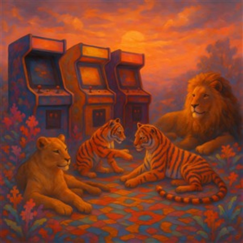 Legende Dyr i Farverig Verden - Oplev en magisk scene med en løve og to tigere, der leger blandt retro arkadespil. Dette farverige maleri bringer liv og nostalgi ind i dit rum, perfekt til at inspirere fantasi og kreativitet.