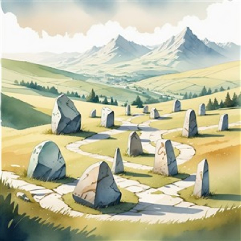 Stenlabyrint i Bjergeventyr - Oplev den fredelige skønhed af en stenlabyrint, der ligger vidunderligt blandt bjerge og grønne landskaber. Dette kunstværk skaber en rolig atmosfære, perfekte til at bringe naturens magi ind i dit hjem.
