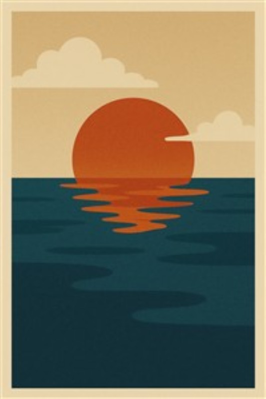 Minimalistisk solnedgang ved havet - Oplev en rolig atmosfære med denne minimalistiske illustration af en solnedgang, hvor solen kaster sit gyldne lys på det stille hav. Den perfekte dekorative tilføjelse til ethvert rum, der ønsker at indfange naturens skønhed.
