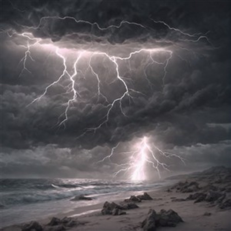 Dramatisk Lynfest over Havet - Oplev den betagende skønhed ved en stormfuld nat, hvor lynene danser over havet under en mørk og dramatisk himmel. Dette maleri skaber en intens stemning og tilføjer en unik karakter til dit rum.