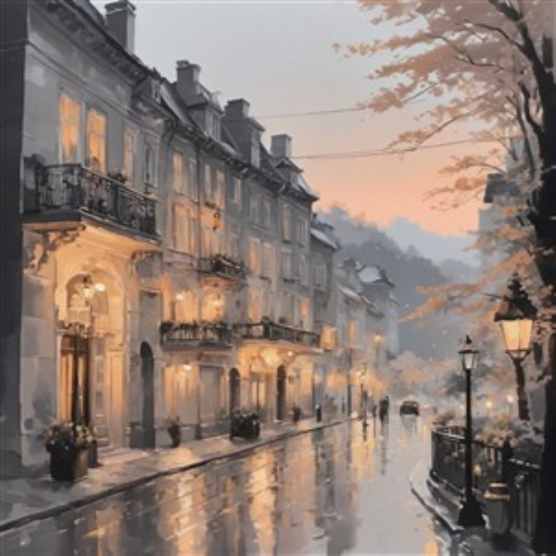 Malerisk Dusk Gade - Oplev skønheden ved en stille gade under skumringen, hvor elegante bygninger glitrer i gadelampernes lys. Dette kunstværk bringer en følelse af ro og charme ind i dit hjem.