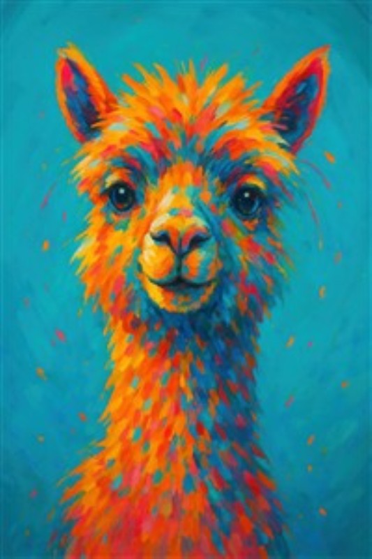 Farverig Lama med Glad Udtryk - Oplev glæden med dette livlige kunstværk af en farverig lama, der bringer smil og glæde ind i dit hjem. Dens intense farver og glade ansigt gør det til et perfekt fokuspunkt i ethvert rum.