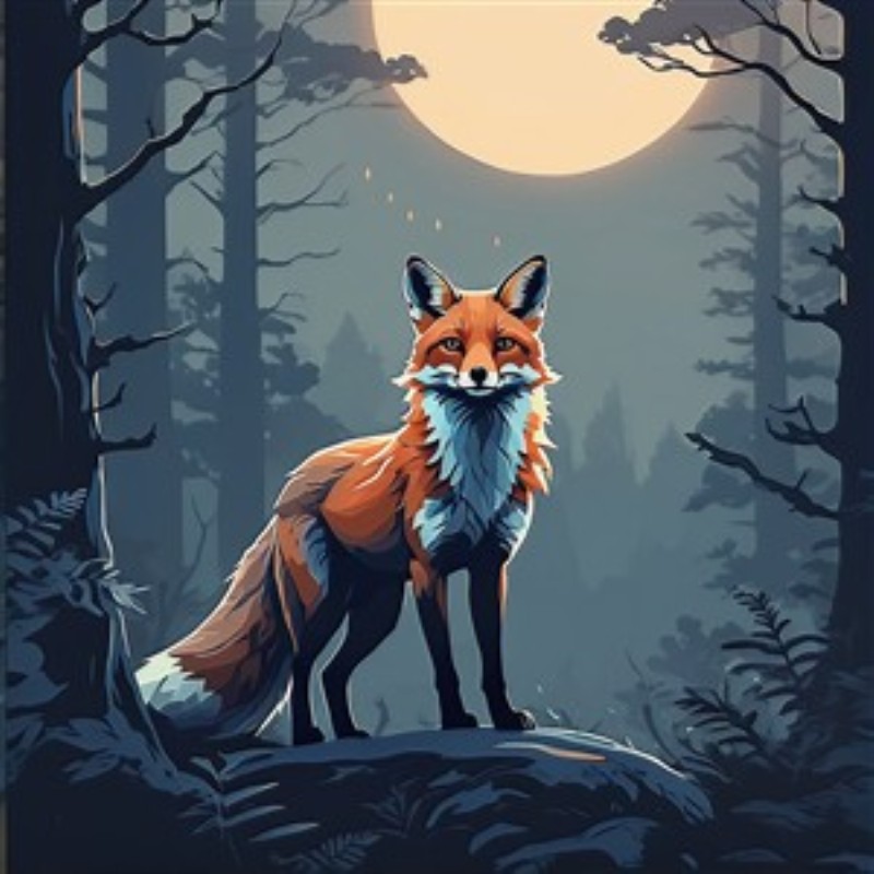 Magisk Ræv under Måneskinnet - Oplev den fortryllende atmosfære i skoven med denne levende illustration af en ræv, der står majestætisk under månens lys. Et perfekt kunstværk til at tilføje pizzazz til dit hjem og inspirere til drømmerier om natteeventyr.