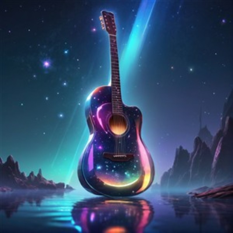 Galaktisk Guitar i Stjernelys - Oplev magien i musikkens univers med denne farverige guitar, der svæver gennem et stjernespekket landskab. Den er perfekt til at tilføje en drømmerisk atmosfære til dit hjem.