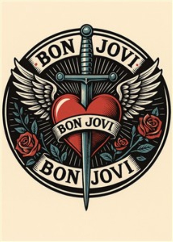 Bon Jovi Tatoveringsdesign med Hjerte og Vinger - Oplev et dynamisk og farverigt design, der kombinerer et hjertedesign med sværd og majestætiske vinger, omfavnet af skønne roser. Perfekt til musikelskeren, der ønsker at bære en del af rockhistorien.