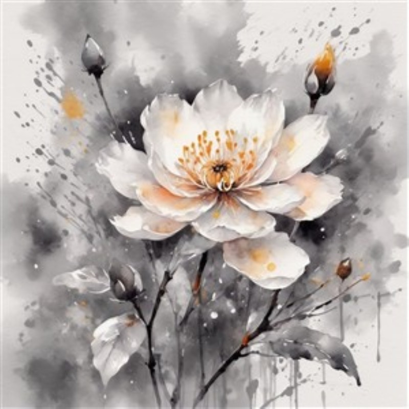 Blomstrende Elegance i Akvarel - Oplev den delikate skønhed af en hvid blomst fanget i blide akvarelnuancer. Dette kunstværk tilføjer en rolig og sofistikeret atmosfære til ethvert rum med sine subtile grå og orange toner.