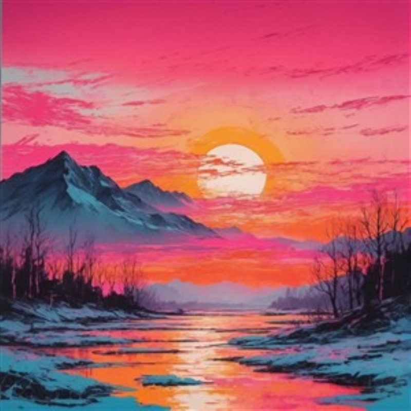 Dramatisk Solnedgang i Bjerglandskab - Oplev den betagende skønhed af en solnedgang, hvor intense nuancer af pink og orange fylder himlen over majestætiske bjerge og stille vand. Dette kunstværk bringer varme og livlighed ind i dit rum, perfekt til at skabe en drømmende atmosfære.