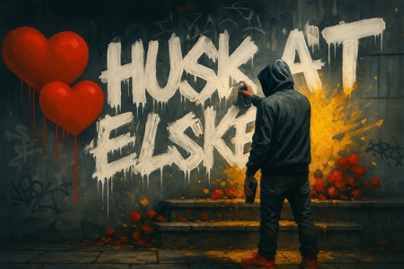 Kærlighedens Graffiti: Husk At Elske - Oplev den inspirerende energi fra kærlighedens budskab i denne farverige graffiti. Den dygtige kunstner fanger essensen af romance med hjerter og blomster, der tilføjer liv til rummet.