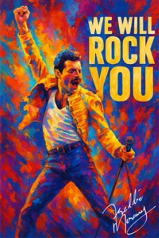 Rocklegende i Farver - Hymne til Musik - Oplev energien fra rockmusikken med denne farvestrålende illustration, der fanger essensen af en ikonisk optræden. Denne kunst skaber en livlig og inspirerende atmosfære, perfekt til musikelskere.