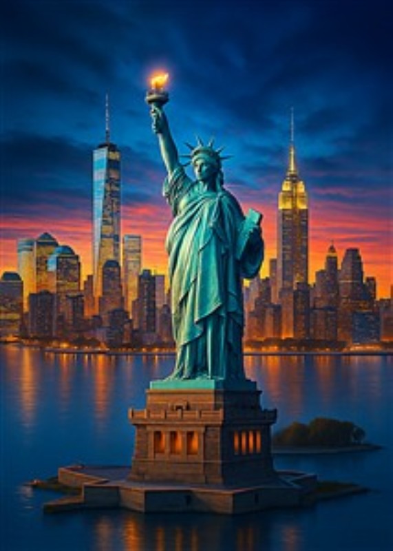 Frihedsgudinden Stråler ved Solnedgang - Oplev den majestætiske Frihedsgudinde, der lyser op i skumringen, mens New Yorks skyline i baggrunden glorificerer det pulserende liv. Dette betagende billede indfanger en følelse af frihed og håb.