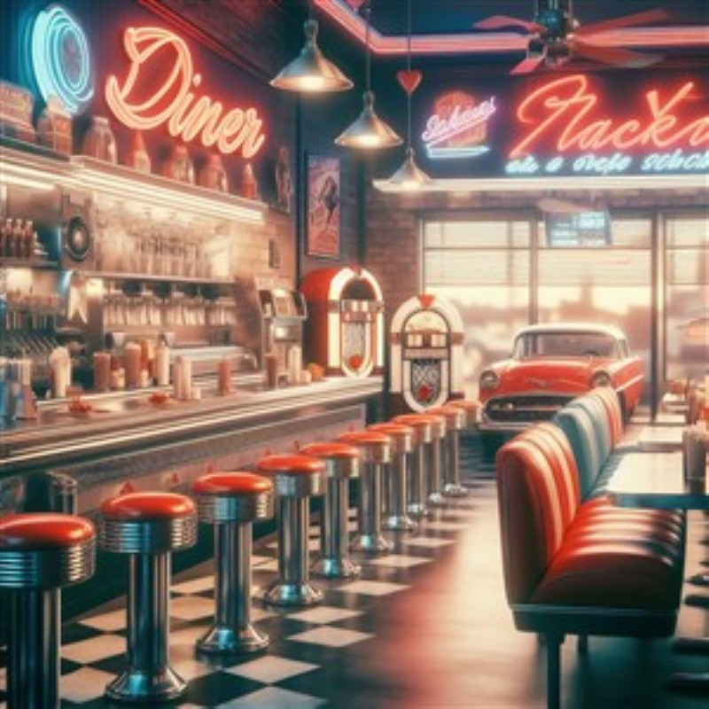 Nostalgisk Diner med Neonlys og Kromdetaljer - Oplev den perfekte kombination af nostalgi og charme med denne retro diner-plakat. Detaljerne i neonlysene og de kromede elementer skaber en livlig atmosfære, der bringer minder frem fra en svunden tid.