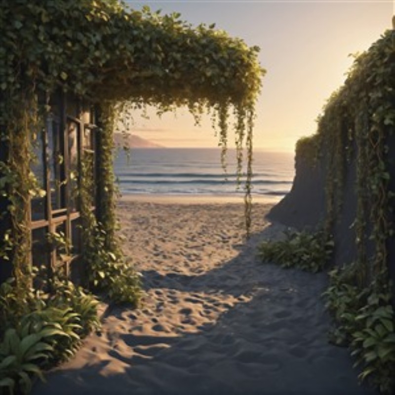 Fredfyldt Udsigt til Strandparadis - Oplev roen med denne betagende udsigt til stranden, hvor bølgerne blidt kærtegner kysten under en strålende solnedgang. Indrammet af frodige planter, bringer dette motiv en følelse af fred og harmoni ind i dit hjem.