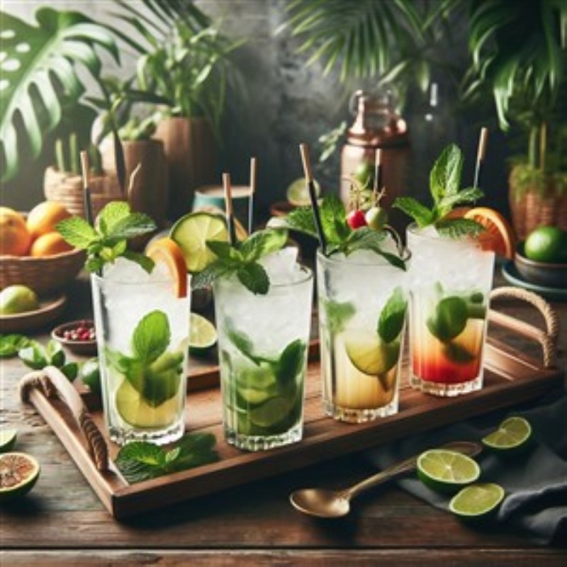 Frisk Mojito Med Farverige Smagsvarianter - Nyd de skønne nuancer af mojito med denne indbydende samling af cocktails, der pryder en træbakke. De friske ingredienser og den frodige atmosfære inviterer til livlige sommerfester og afslappende stunder i selskab med venner.