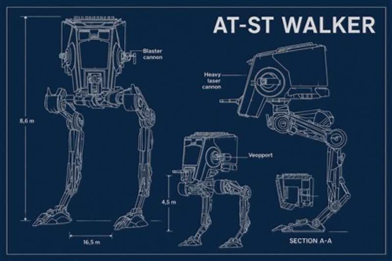 AT-ST Walker Teknisk Skitse - Oplev den fantastiske teknik bag AT-ST Walker fra Star Wars i denne detaljerede tegning. Perfekt til både filmelskere og teknikentusiaster, der ønsker at tilføje et strejf af sci-fi til deres indretning.