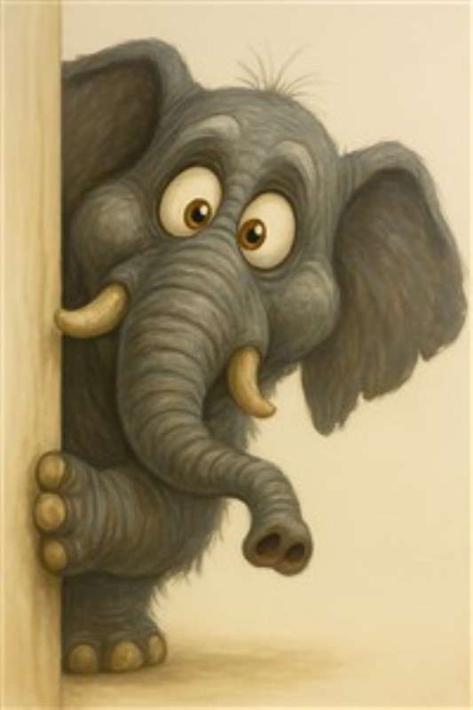 Sød Elefant med Nysgerrige Øjne - Denne charmerende illustration af en elefant, der kigger nysgerrigt frem, bringer liv og glæde til ethvert rum. Dens legende udtryk vil skabe en varm og indbydende atmosfære i dit hjem.