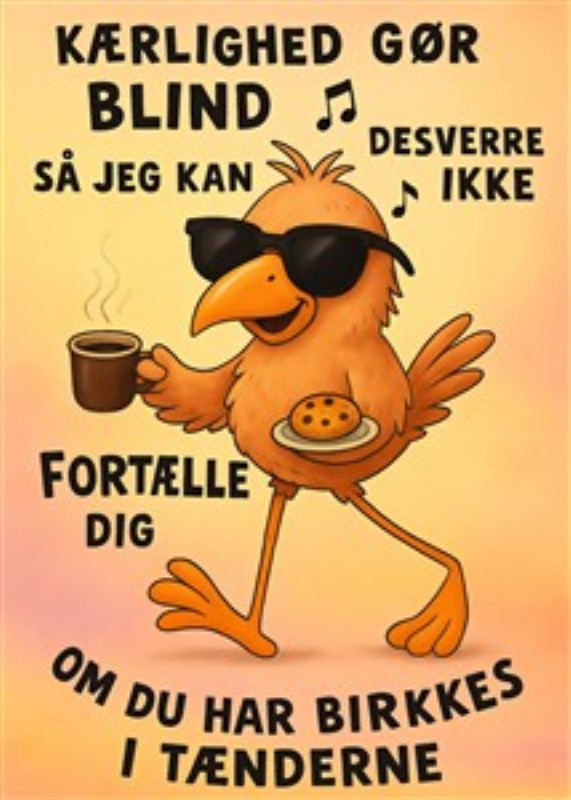 Kaffedrøm med Solbrillefugl - Oplev den sjove og legende stemning med denne farverige plakat af en fugl i solbriller, der nyder sit liv med kaffe og småkager. Perfekt til at bringe smil og glæde ind i dit hjem!