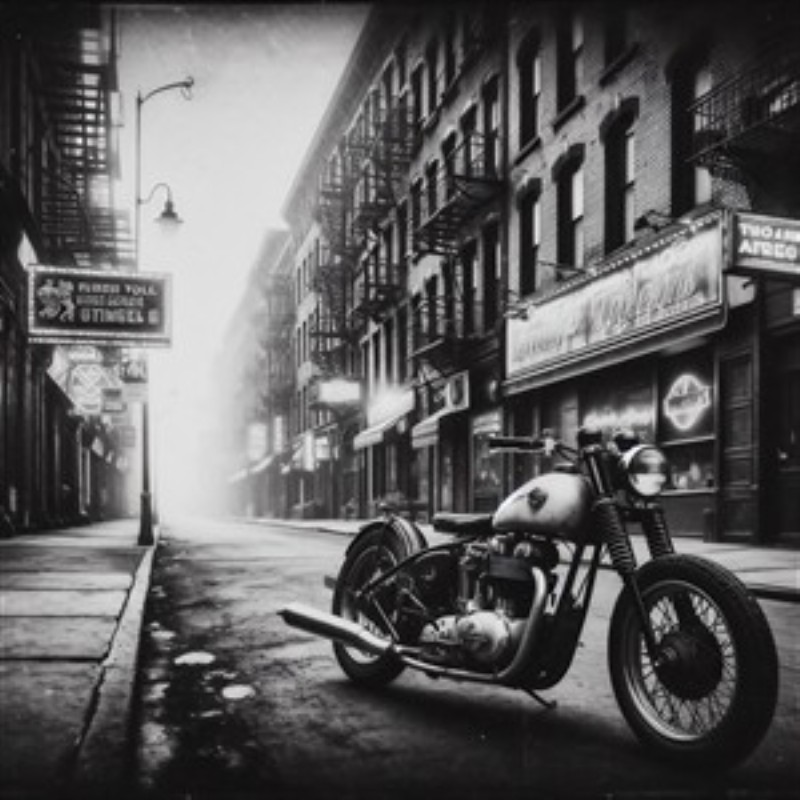 Klassisk Motorcykel i Tåget Gadebillede - Oplev nostalgien med dette smukke sort-hvide billede af en vintage motorcykel, stille parkeret i en tåget gade. Det perfekte kunstværk til at tilføje en vintage atmosfære til dit hjem.