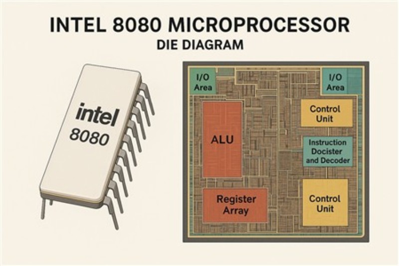 Intel 8080 Mikroprocessor Diagram – Teknik i Fokus - Oplev kompleksiteten og skønheden ved Intel 8080 mikroprocessorens design. Dette detaljerede diagram fremhæver vigtige komponenter som ALU og kontrolenheder, hvilket gør det til et perfekt stykke for teknikentusiaster og hardware-interesserede.