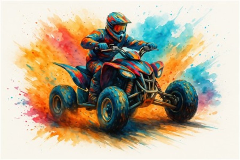 Farverig ATV Action i Dynamik - Oplev adrenalinen og energien fra denne levende illustration af en ATV i fuld fart. De sprudlende farver skaber en uimodståelig stemning, der bringer liv til ethvert rum.