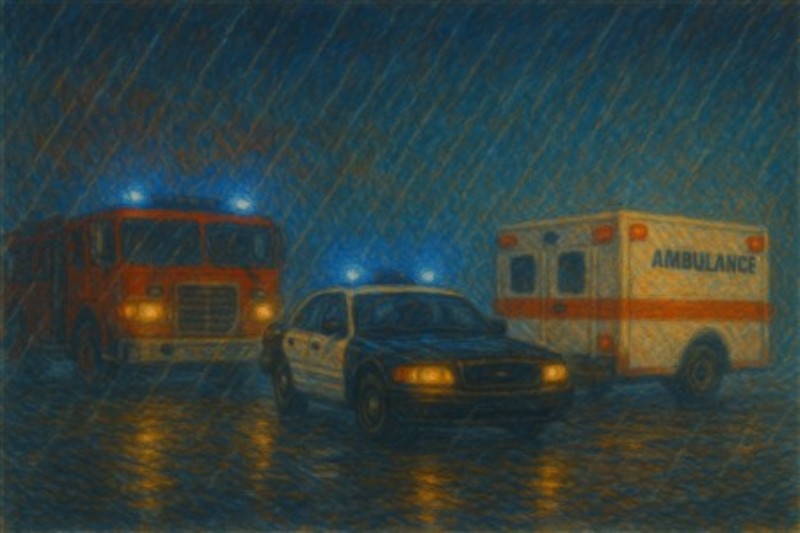 Dramatisk Nødhjælp i Regnen - Oplev det spændte øjeblik, hvor hjælpen ankommer under en heftig regn. Dette kunstværk fanger den intense atmosfære med brandbil, politibil og ambulance, der står klar til at gøre en forskel.