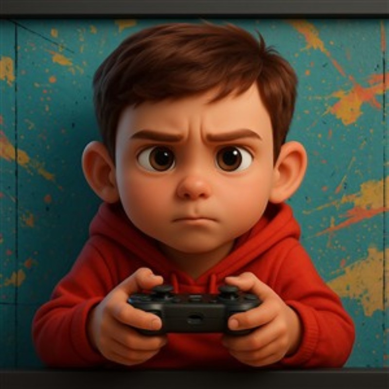 Fokus Gamer: Intensiteten i Spilverdenen - Oplev den spændende verden af gaming med dette farverige kunsttryk, der fanger intensiteten i en ung gamers udtryk. Den livlige baggrund fremhæver barnets koncentration og passion for spil, hvilket gør det til et perfekt element til ethvert ungdomsværelse.