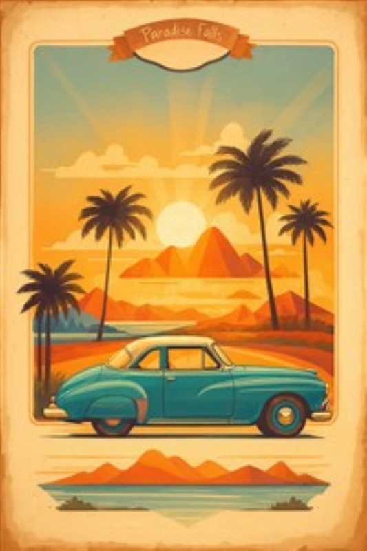 Vintage Bil i Tropisk Solnedgang - Oplev en nostalgisk rejse med denne plakat, der præsenterer en smuk vintage bil under en betagende solnedgang. De varme farver og palmer skaber en avslappet atmosfære, perfekt til at bringe feriestemning ind i dit hjem.
