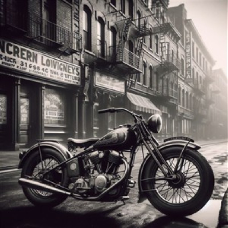 Fornem vintage motorcykel i tåget bybillede - Oplev den tidløse charme ved en klassisk motorcykel, der står majestætisk på en stille, tåget gade. Den nostalgiske atmosfære og de historiske bygninger skaber et perfekt minde om fortidens elegance.