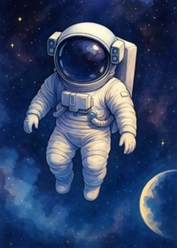 Eventyrlig Astronaut i Rummet - Oplev det storslåede univers med denne farverige illustration af en astronaut, der svæver frit i rummet med en imponerende planet i baggrunden. Den perfekte vægkunst til at tænde nysgerrigheden hos både børn og voksne.