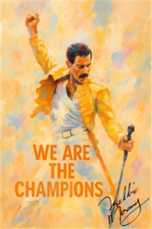 Freddie Mercury: Sangeren i Guld - Oplev den elektriske energi fra Freddie Mercury i denne farverige kunstplakat, hvor han synger med passion og styrke. Denne unikke illustration bringer liv til dit rum og hylder musikkens ikon.