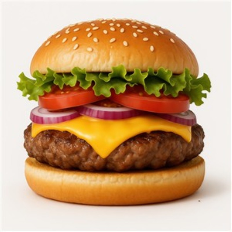 Lækker cheeseburger med sprøde grøntsager - Forkæl dine sanser med en fristende cheeseburger, der kombinerer en saftig bøf med smeltet cheddar og friske grøntsager. Perfekt til madelskeren, der ønsker en smagfuld oplevelse.