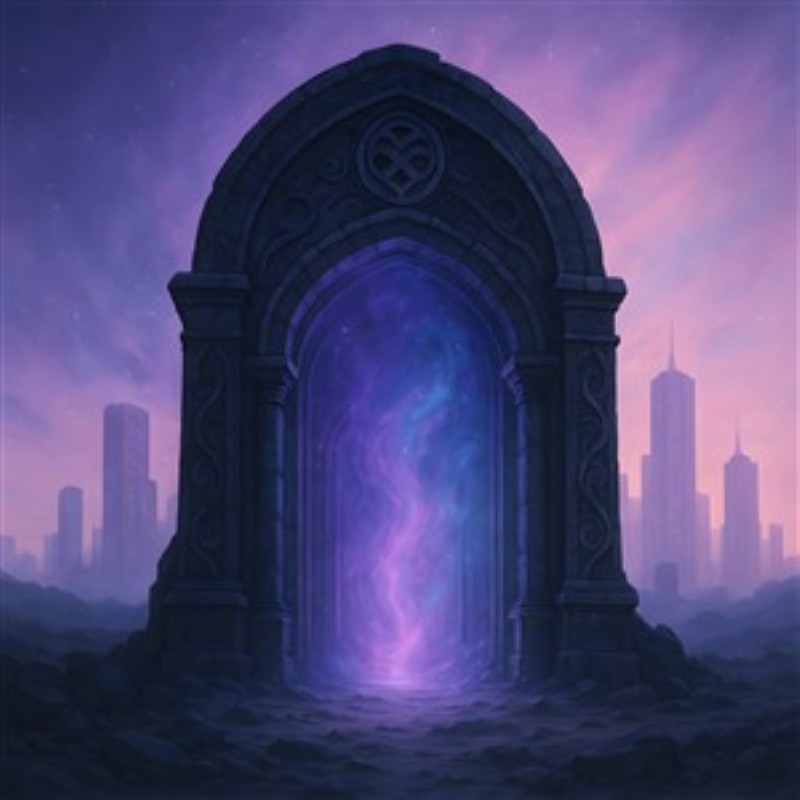 Futuristisk Portal til Uendelige Muligheder - Træd ind i en verden af eventyr med denne fantastiske portal, der stråler af kosmisk energi. Omgivet af futuristiske bygninger skaber dette kunstværk en mystisk og inspirerende atmosfære, perfekt til ethvert rum.
