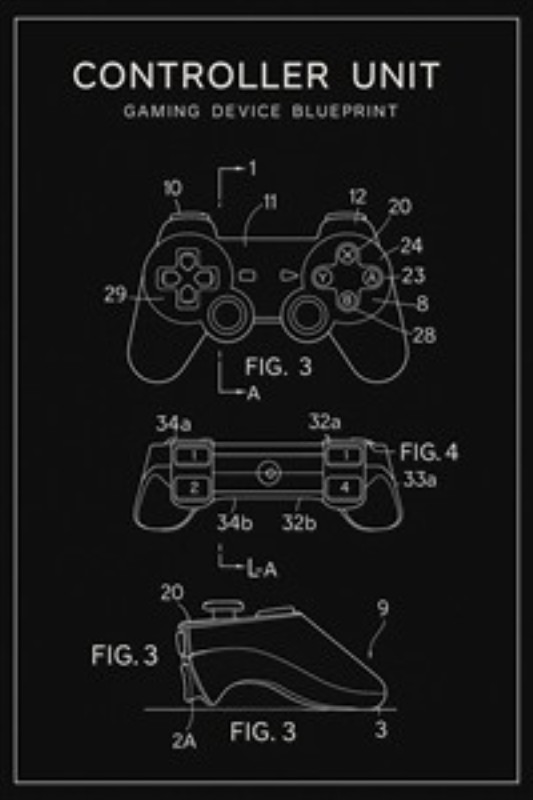 Gaming Controller Blueprint - Tech Art til Gamerens Værelse - Dyk ind i teknologien med denne stilfulde illustration af en gaming controller, komplet med detaljerede diagrammer og specifikationer. Perfekt til den moderne gamer, som ønsker at tilføje et unikt præg til sit værelse.