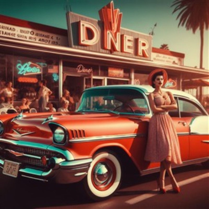 Retro Diner med Vintage Charme - Oplev den tidløse skønhed af en retro diner med en elegant rød vintage bil og en smuk kvinde i 50'erne. Dette motiv fanger essensen af nostalgi og sommerstemning, perfekt til at lyse dit rum op.