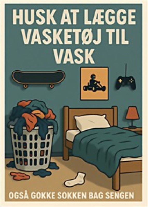 Husk Vasketøjet – En Sjov påmindelse - Denne illustration er både sjov og praktisk, med en bunke vasketøj og et rodet værelse. Den minder os på humoristisk vis om vigtigheden af at få vasket tøjet på plads, samtidig med at den tilføjer karakter til dit hjem.