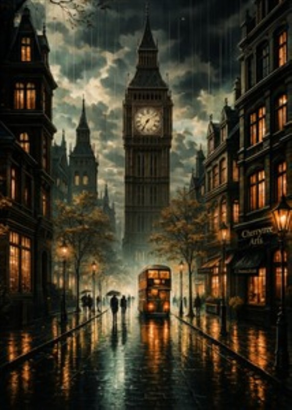 Regnfuld Romantik ved Big Ben - Oplev den magiske atmosfære af en regnfuld aften i London med det ikoniske Big Ben som baggrund. Varmende gadelygter kaster blødt lys over de våde gader, der indbyder til eftertænksomhed og drømmerier.