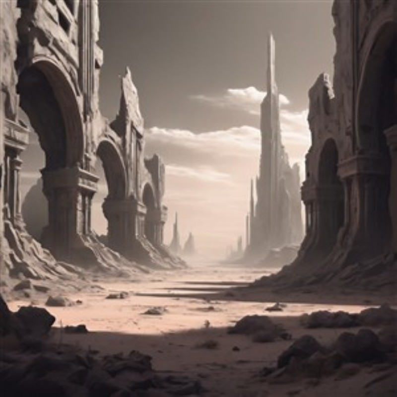 Post-apokalyptiske Ruiner under Dyster Himmel - Oplev et storslået og dramatisk landskab med forvitrede ruiner og imponerende klippeformationer. Den dystre atmosfære skaber en følelse af mystik og eventyr, perfekt til dem der ønsker at tilføje en unik dimension til deres indretning.
