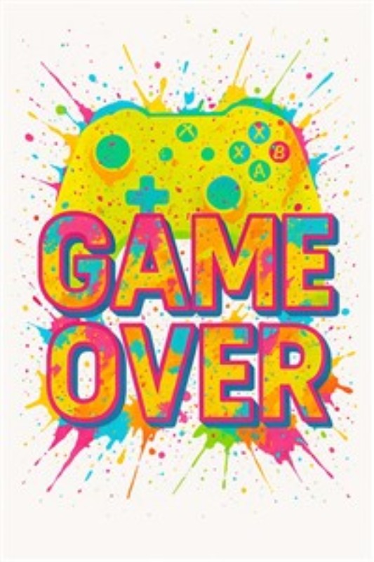 Farverig Game Over til Gamerens Værelse - Gør dit rum livligt og sjovt med dette farverige 'GAME OVER' design! Det festlige motiv med en spillekonsol-controller fanger den spændende atmosfære fra gamingens verden og tilføjer et strejf af kreativitet til dit rum.