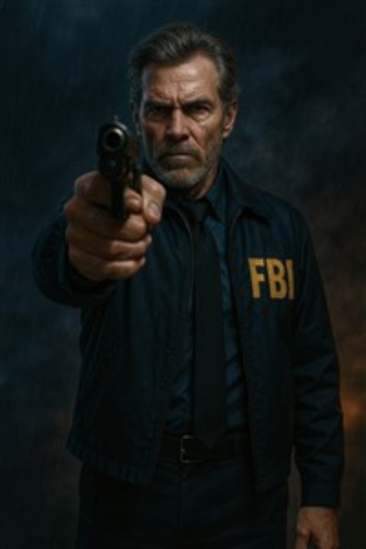 FBI Agent i Fokus - Oplev spændingen med denne dramatiske illustration af en FBI-agent. Hans intense blik og bestemte holdning, kombineret med dramatisk belysning, skaber en unik atmosfære, der tilføjer dybde og færdselskurve til dit rum.